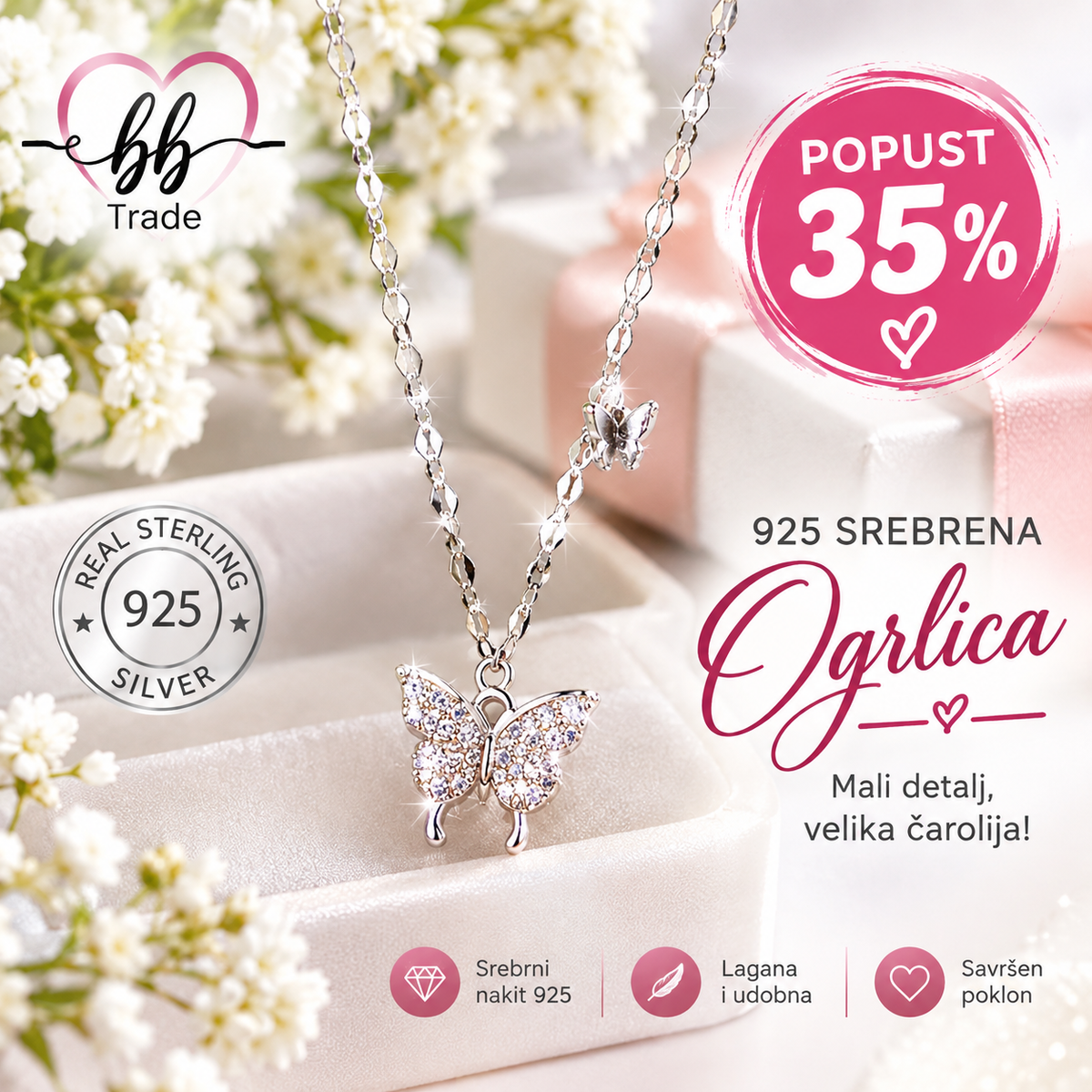 925 Srebrna Ogrlica - Leptiri No.093