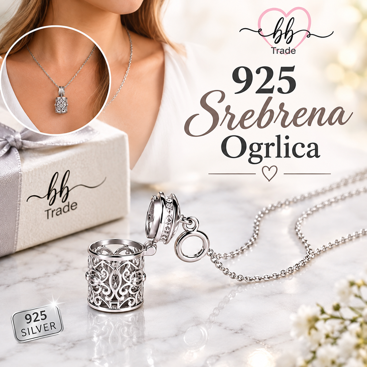 925 Srebrna Ogrlica s privjeskom na otvaranje No.101