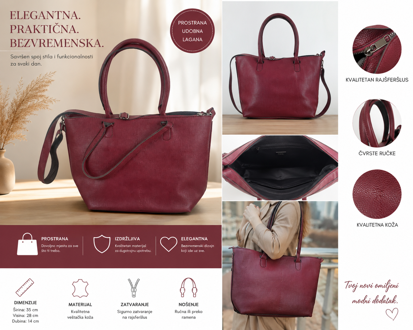 👜 Elegantna  ženska torba – Bordo 👜