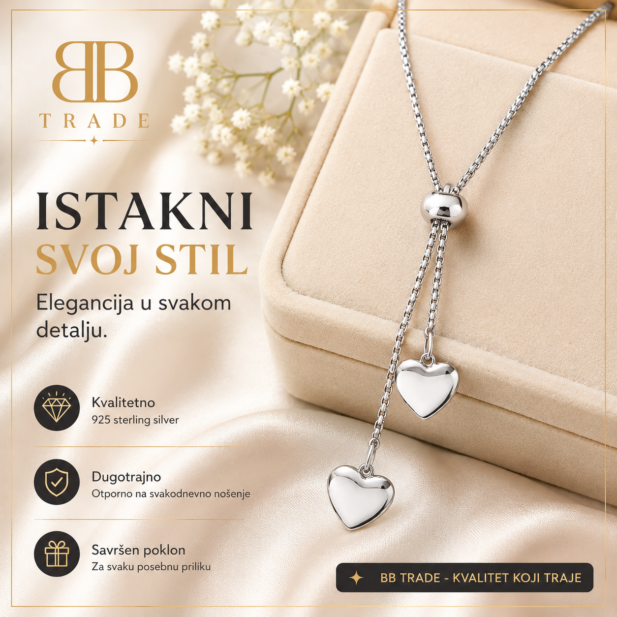 Elegantna 925 Srebrna Ogrlica s privjescima u obliku srca No.068