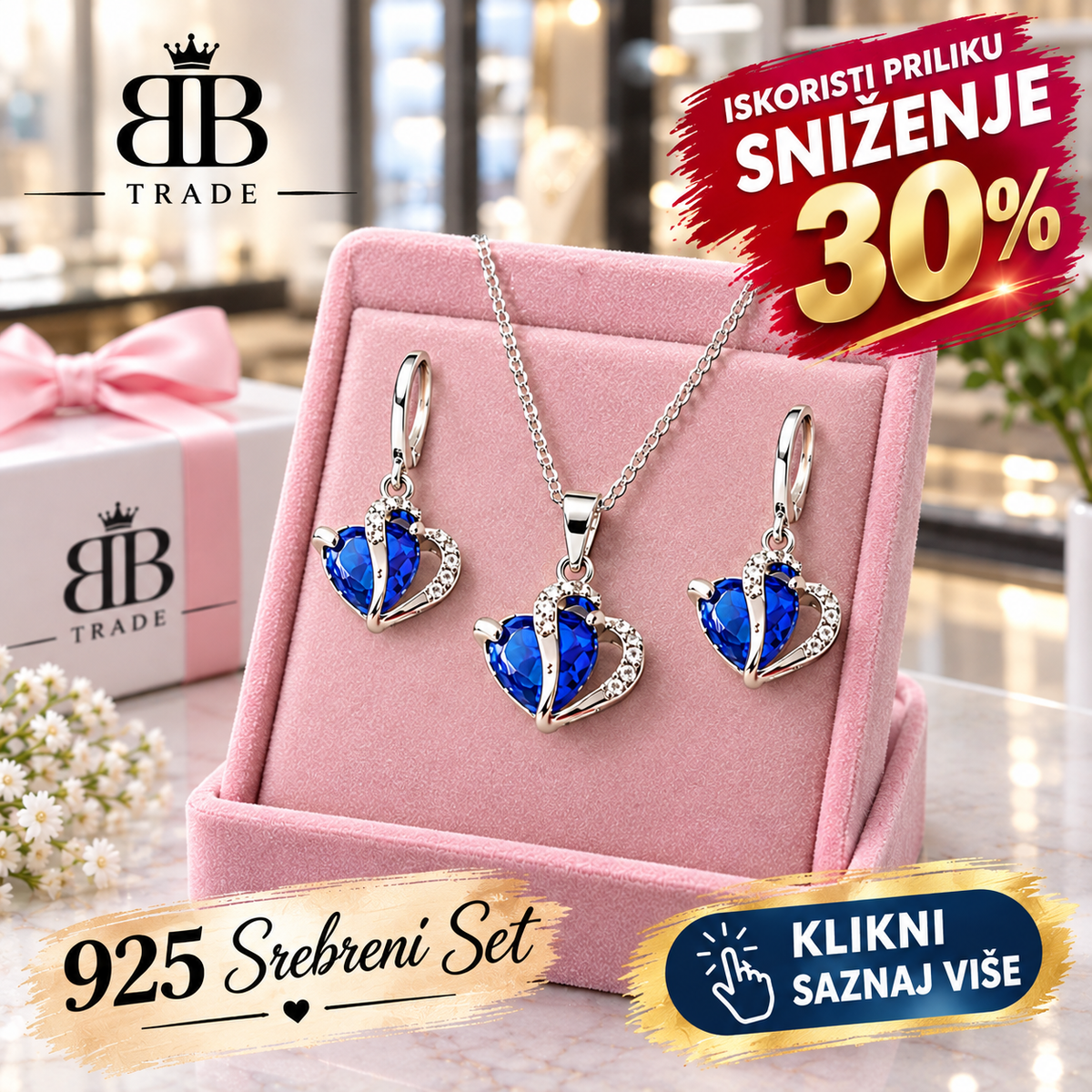 925 SET Srebrna Ogrlica i Naušnice Plavo SRCE