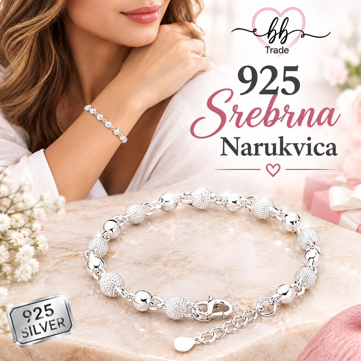 925 Srebrna narukvica s ukrasnim kuglicama No.102