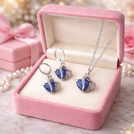 925 SET Srebrna Ogrlica i Naušnice Plavo SRCE