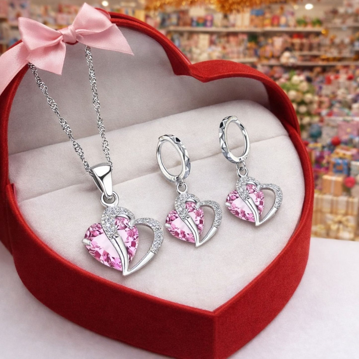 925 Srebrni set ogrlica i naušnice – Srce s roze kristalom