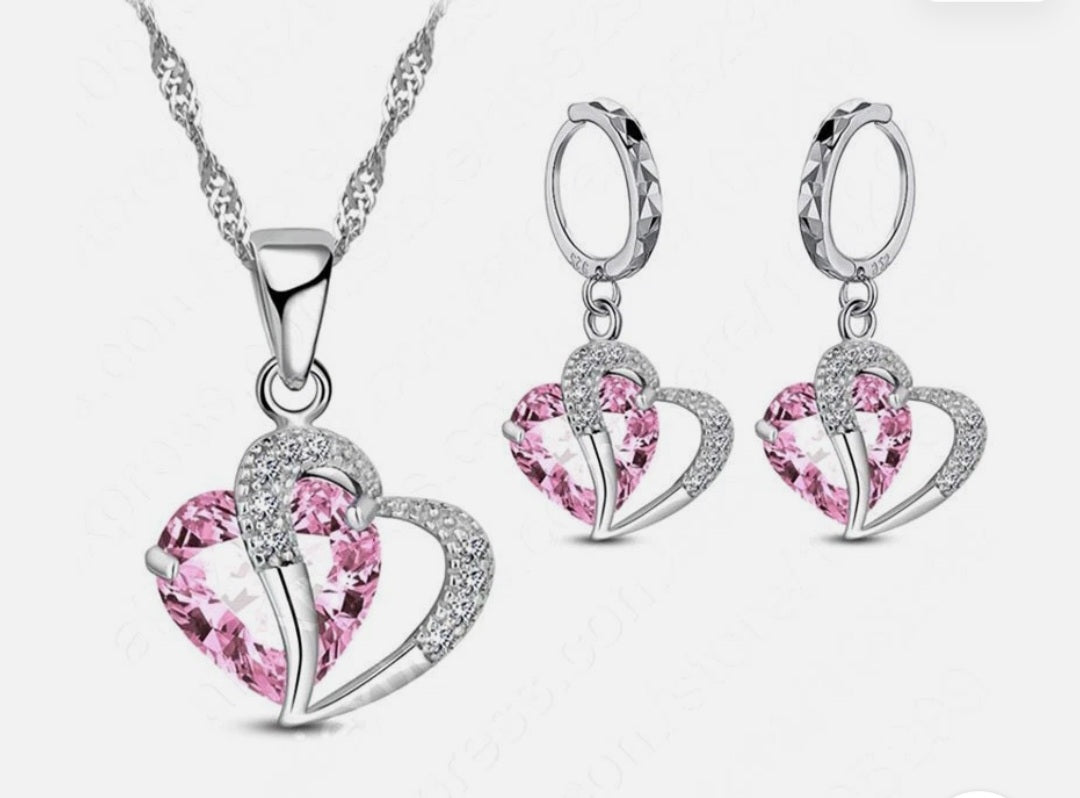 925 Srebrni set ogrlica i naušnice – Srce s roze kristalom
