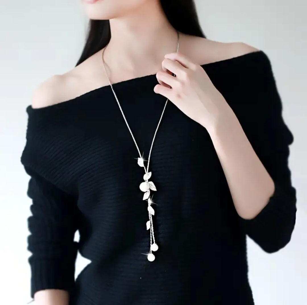 Elegantna Duga Y-Ogrlica sa Biserima i Lišćem No.042