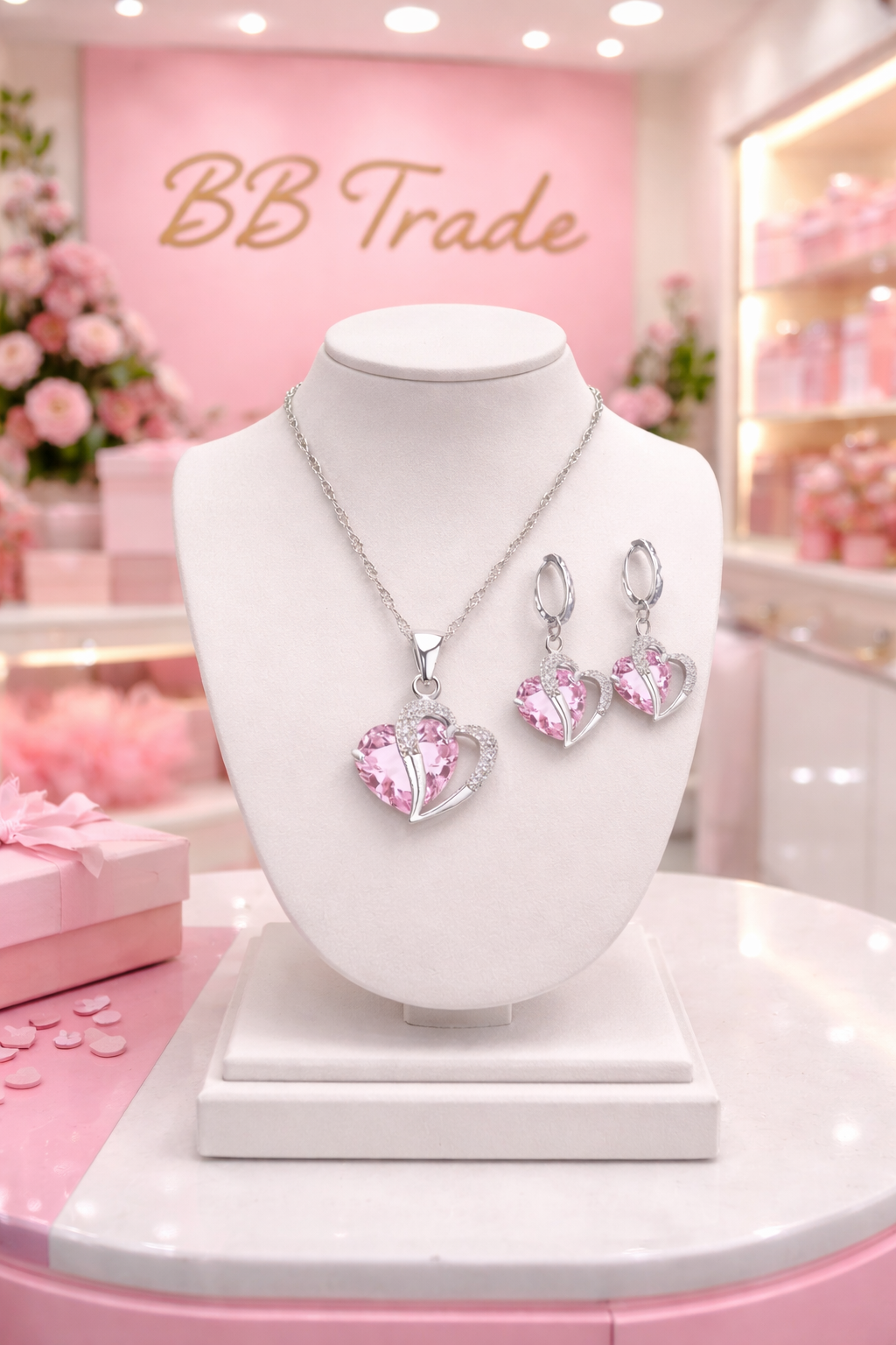 925 Srebrni set ogrlica i naušnice – Srce s roze kristalom