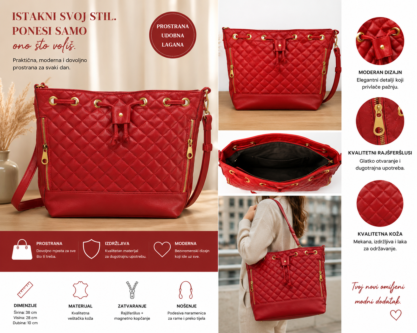 👜 Elegantna prošivena ženska torba – crvena 👜