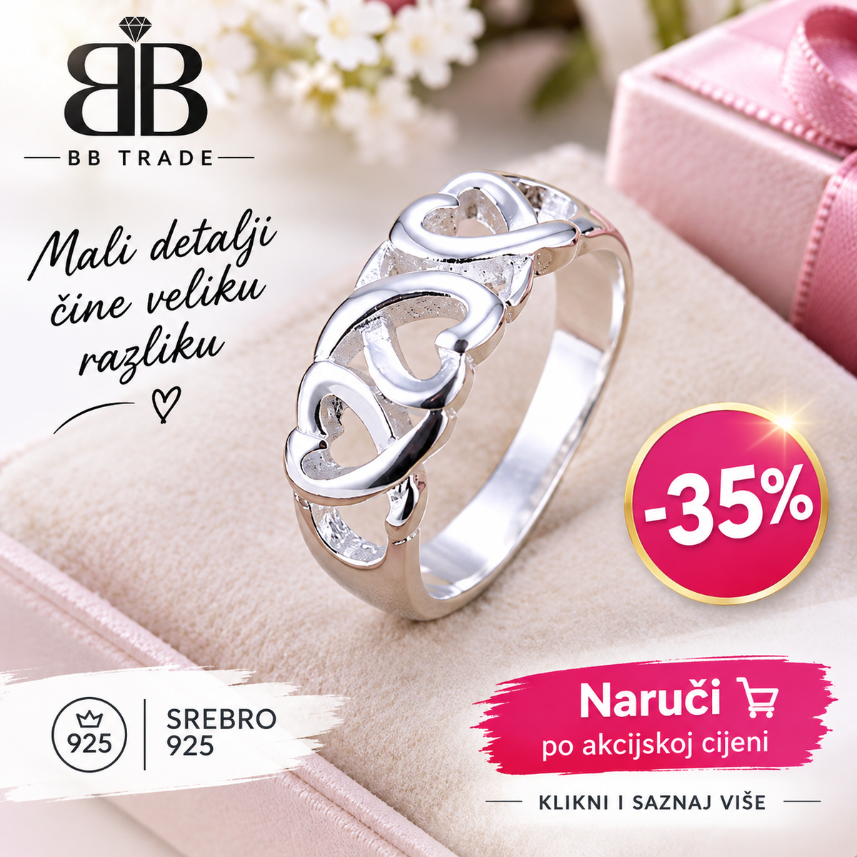 925 Srebrni prsten sa motivom srca No. 099