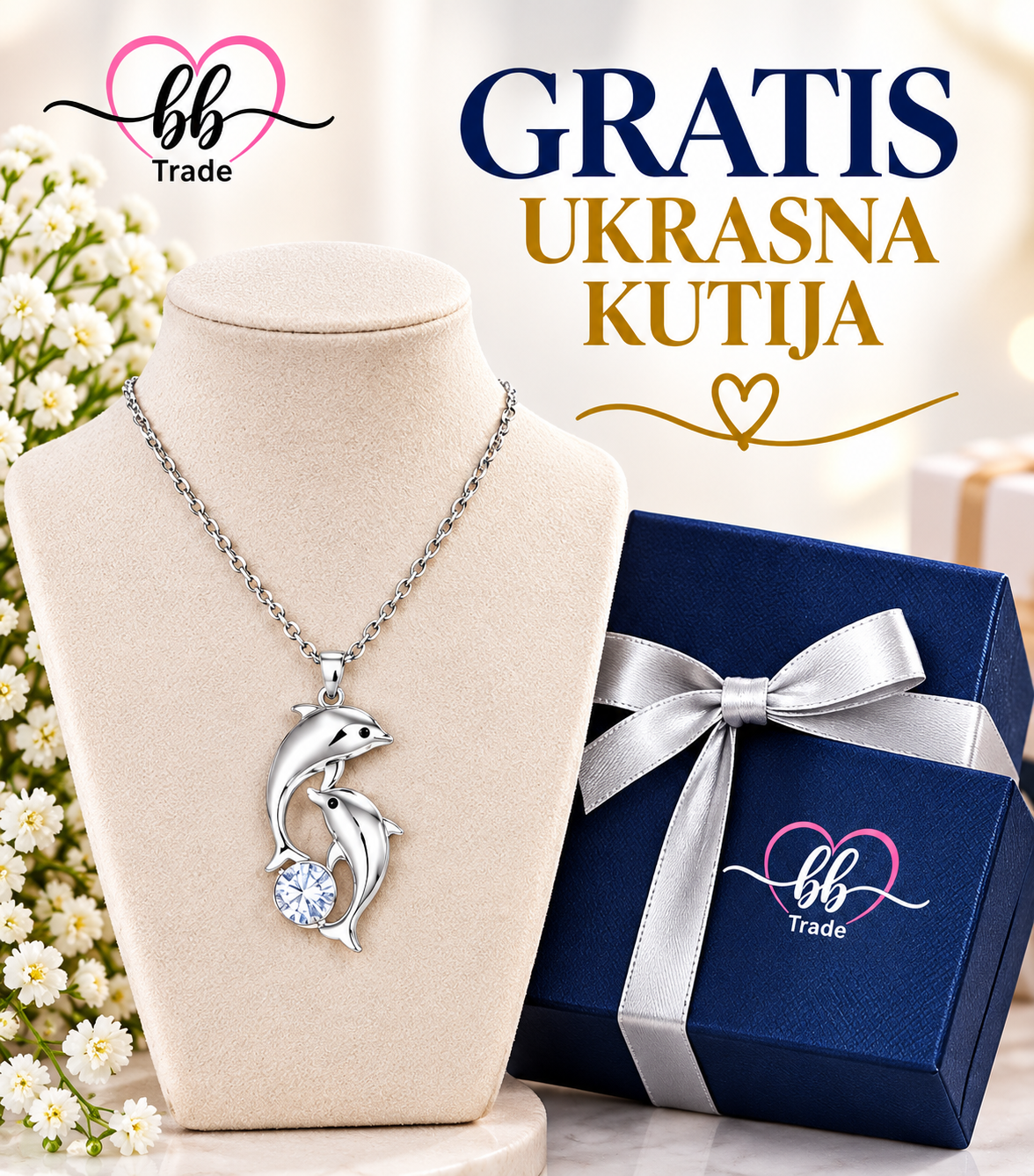 925 Srebrna Ogrlica s Privjeskom Delfini No. 087