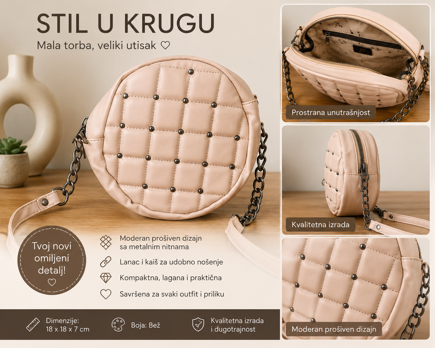 Okrugla ženska torbica – moderan detalj za svaki stil