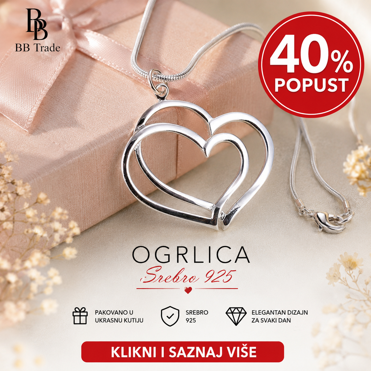 925 Srebrna Ogrlica 💖 Duplo Srce No.003