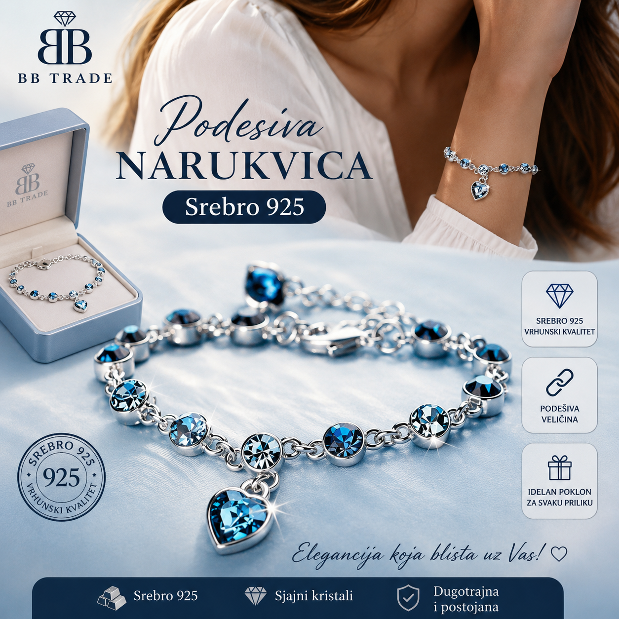 925 Srebrna Narukvica sa cirkonima No.015
