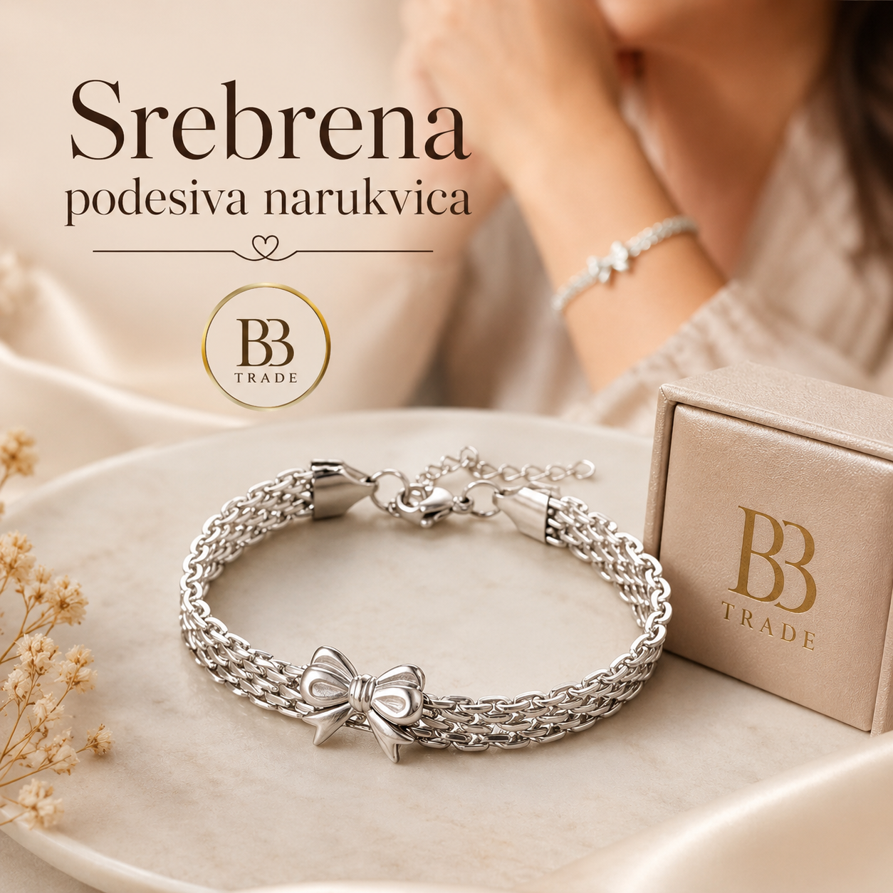 Srebrna podesiva narukvica s mašnicom No.084