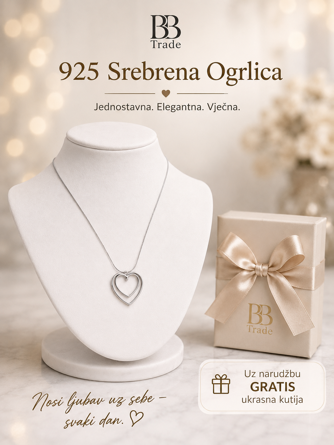 925 Srebrna ogrlica sa dvostrukim srcem- No.055